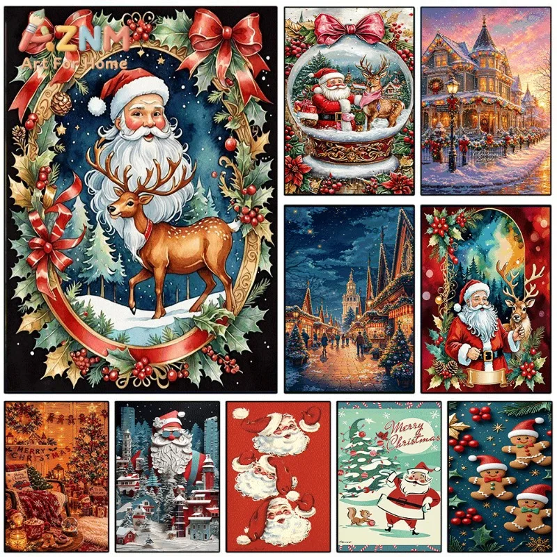 Santa And Reindeer Collage Canvas Wall Art Xmas Winter Holiday Poster For Bedroom Living Room Home Backgrund Decoration Unframed