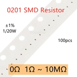 100pcs 0201 1% SMD Resistor 0R 1R 2Ω 3.3 ohm 5.1R 10R 20R 33R 51R 100R 150R 200R 240R 510R 1K 2K 4.7K 5.1K 10K 51K 100K 510K 1M