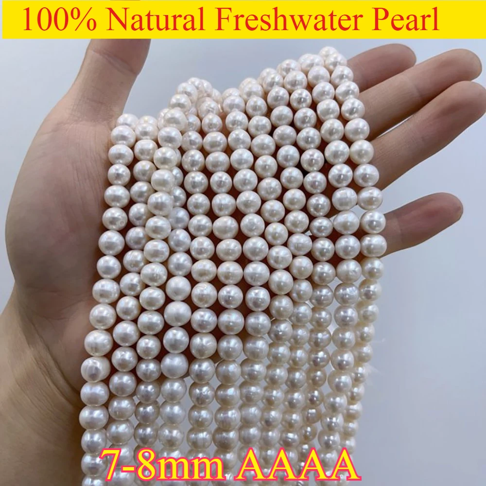 7-8mmAAAA جديد جودة عالية حريري السلس الطبيعي الأبيض لؤلؤ المياه العذبة جولة الخرزة مجوهرات جعل عقد دي اي واي سوار إكسسوارات #5