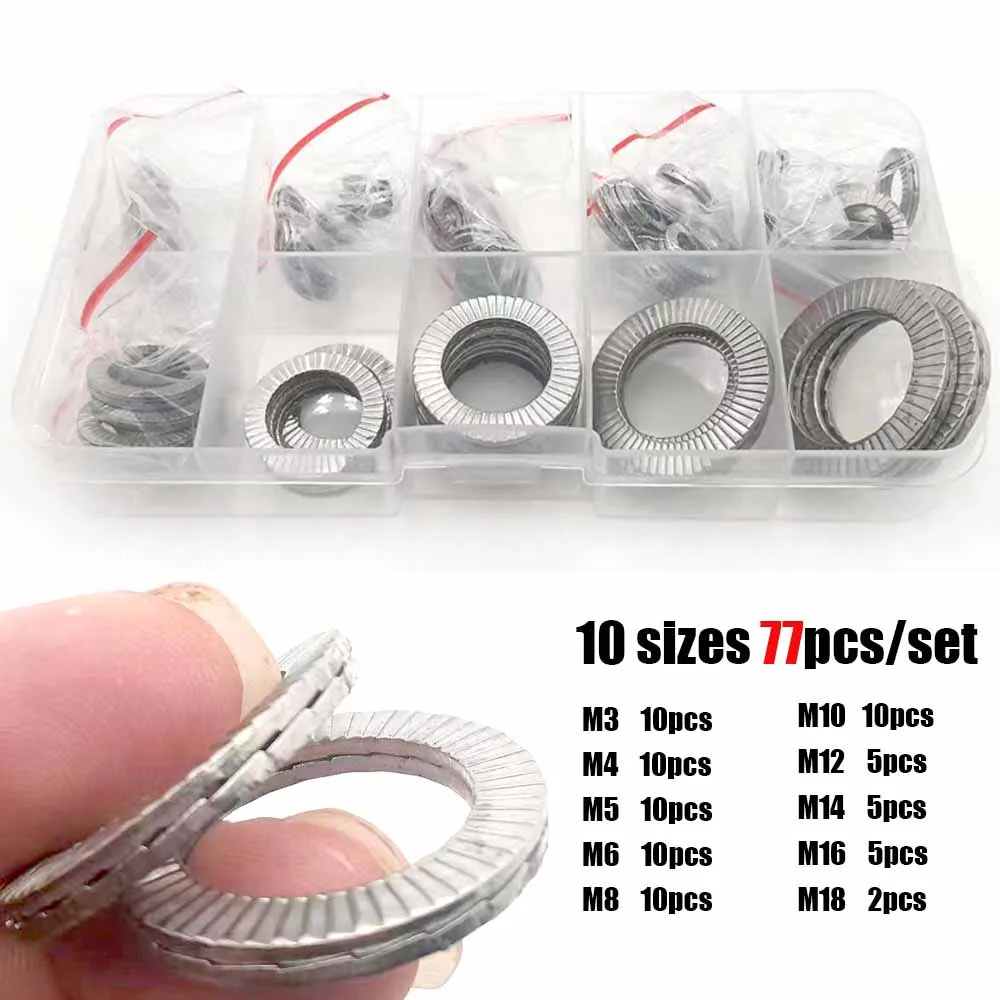 

77pcs/set M3 to M18 304 Stainless Steel DIN25201 Double Deck Self-Locking Washer Wedge Loose Shock Proof Gasket Assortment Kit