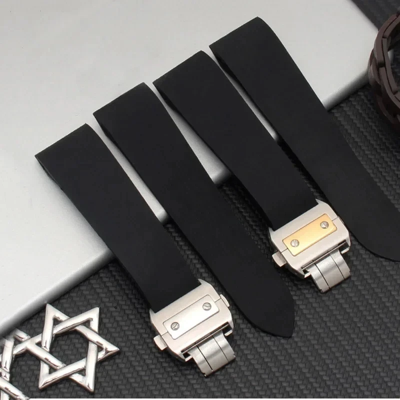 Rubber Watch Band for Cartier Santos 100 W2020007 Silicone Strap Silver Folding Buckle Black Waterproof Watch Bracelet 25mm