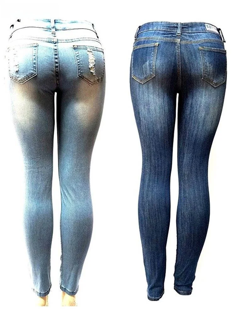 

Модные джинсы с эластичной резинкой на талии, женские брюки-карандаш, облегающие длинные тонкие традиционные синие джинсы с дырочками 07