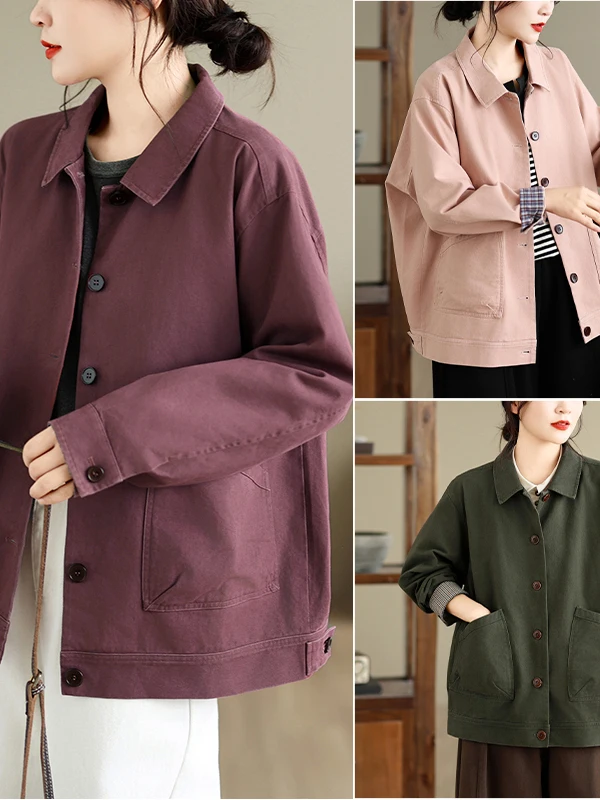 Retro Jacket Outerwear Women's Long Sleeve Collar Color Block Autumn Cotton Shirt Style Warm Loose Fit Ladies Fashion