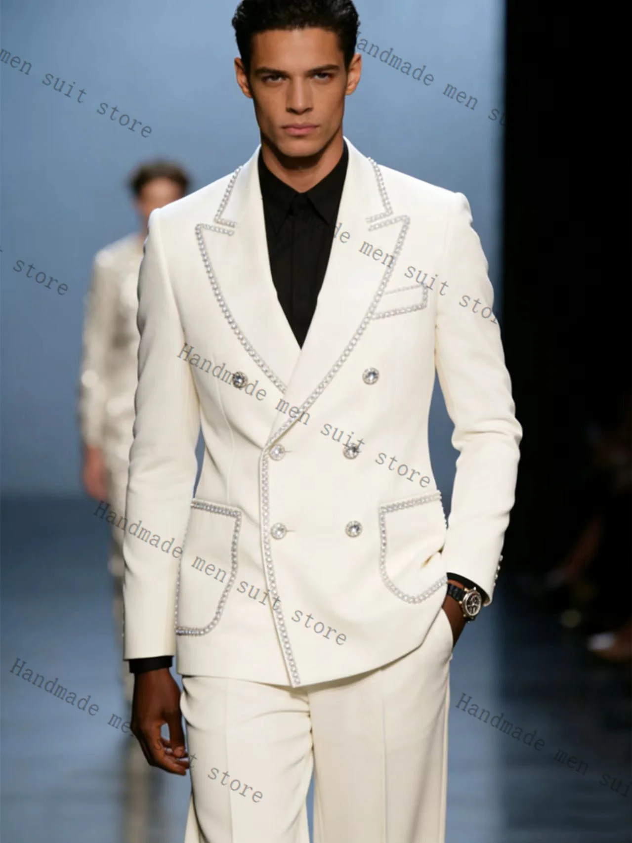 

Роскошный белый хлопковый мужской костюм-двойка: пиджак и брюки. Свадебный смокинг для жениха, официальный офисный деловой костюм.