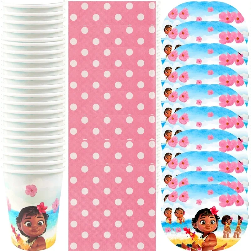 Moana Baby Girl Theme Tablecover Gifts Bag Plates Cupcake Topper Balloons Happy Birthday Party Napkins Decoration Hanging Banner