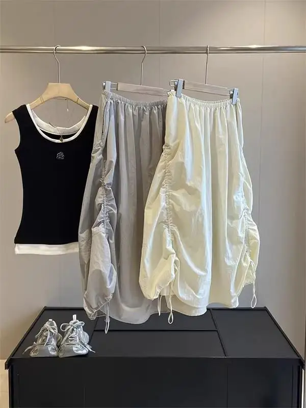plus Size 300 Pounds Fat Sister Drawstring Pleated Workwear  Skirt Women Summer Mid-Length A-Line Sport Bloomer Skirt