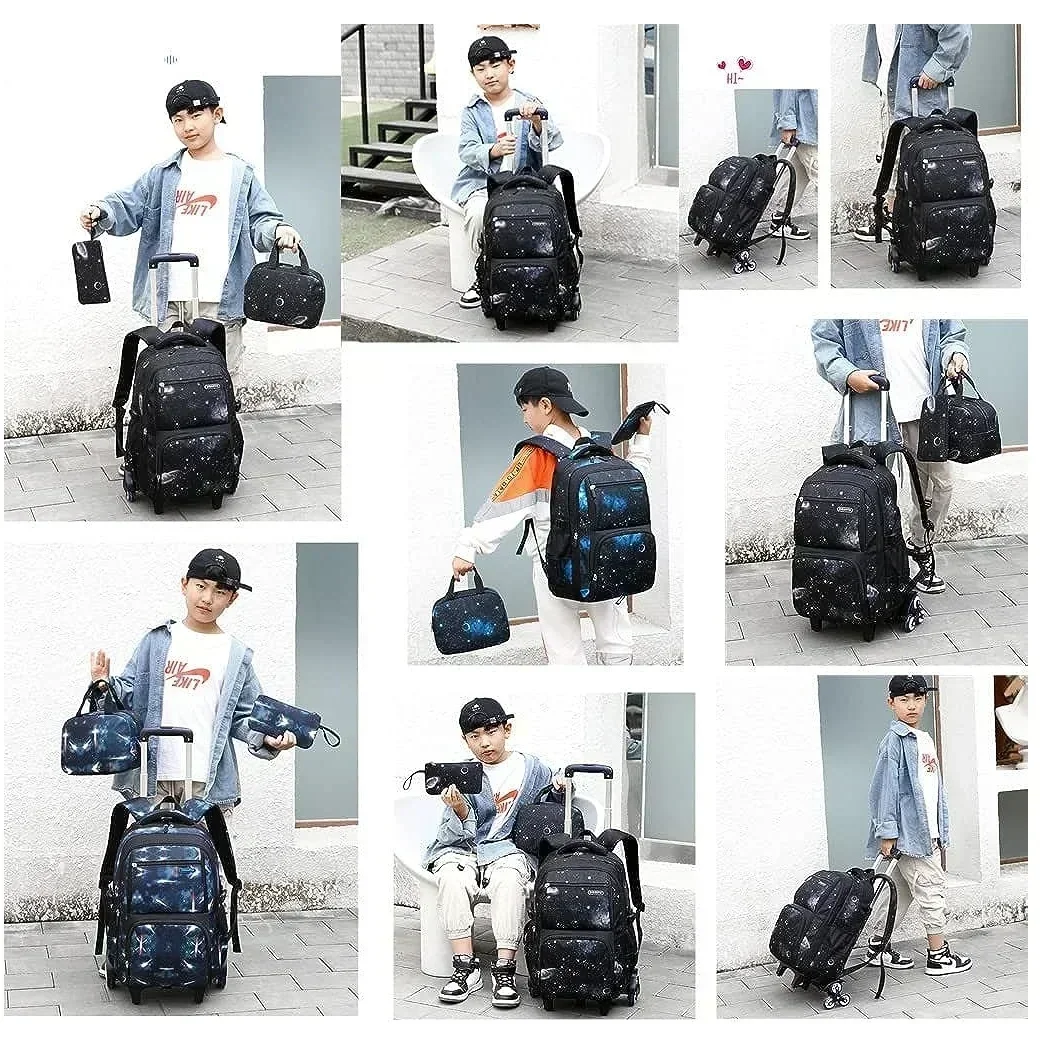 Bags School Student with Wheels Rolling Backpack for Boy Wheeled School Bag Wheels Trolley Bookbag Carry on Luggage with Lunch