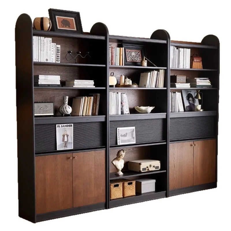 French retro style combination solid wood bookcase, multi-functional home living room display cabinet
