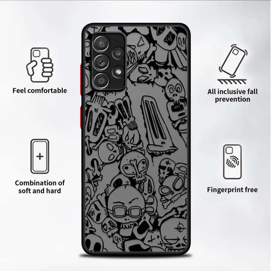 الكتابة على الجدران الهيكل العظمي كول الفن الأسود حافة الحال بالنسبة لسامسونج غالاكسي A22 A24 A53 A73 A54 A52 A56 A34 A25 A26 A35 A36 A21s