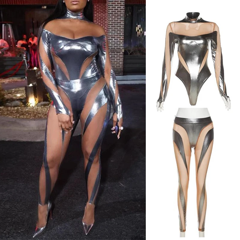 Sexy Mesh Stitching Laser Bodysuit Pole Dance Costume Singer Dancer Stage Wear Party Rave Outfit Drag Queen Clothes VDB6742