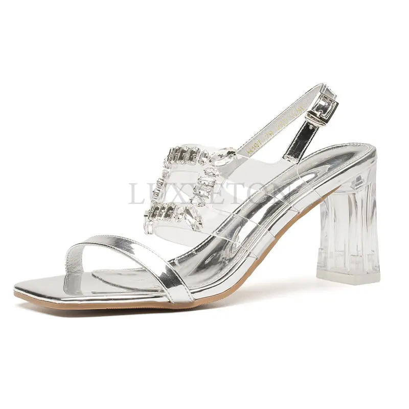 Women 7cm High Heels Mules Slides Block Clear Heels Silvery Transparent Crystal Slippers Summer Platform Fetish Shoes