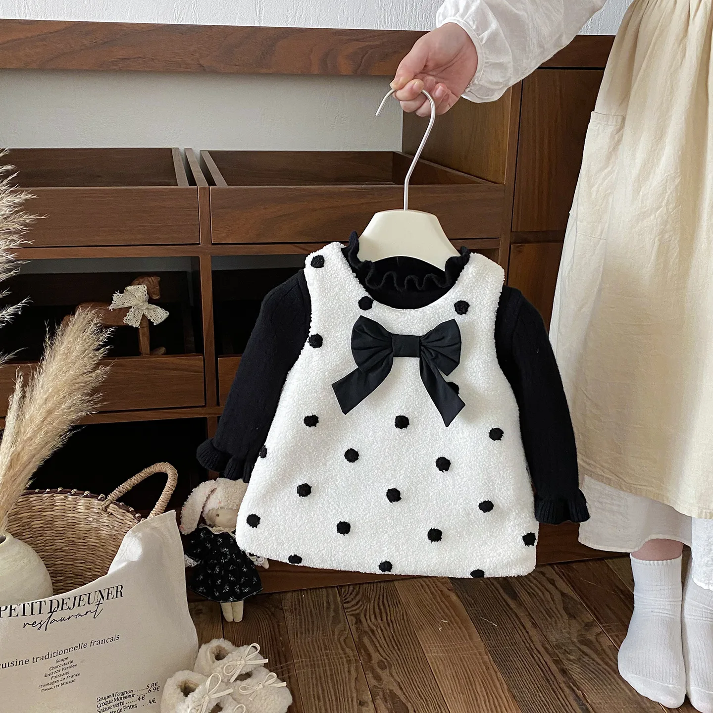 

Kids Baby Girl Clothes Set Winter Solid Color Knited Thick Warm Toddler Girl Shirt+polka Dot Butterfly Bow Newborn Girl Dress