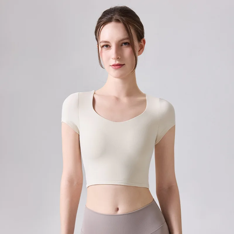 

New nude sports short-sleeved mesh with chest pads, breathable and thin yoga clothes, shock-proof high-strength fitness tops, wo