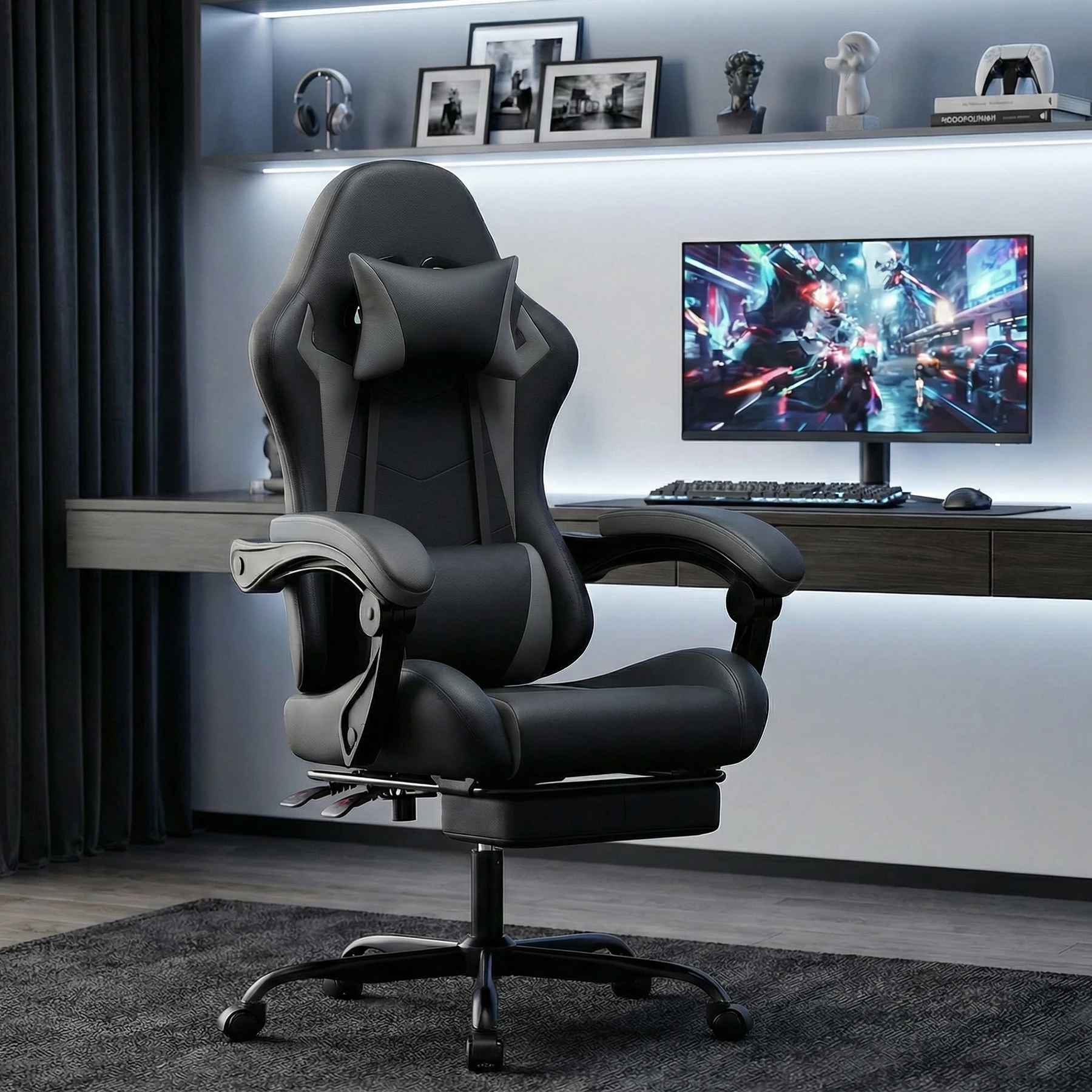Silla de Juego Ergonómica con Soporte Lumbar y Reposacabezas, Silla de PC Ajustable en Negro y Gris