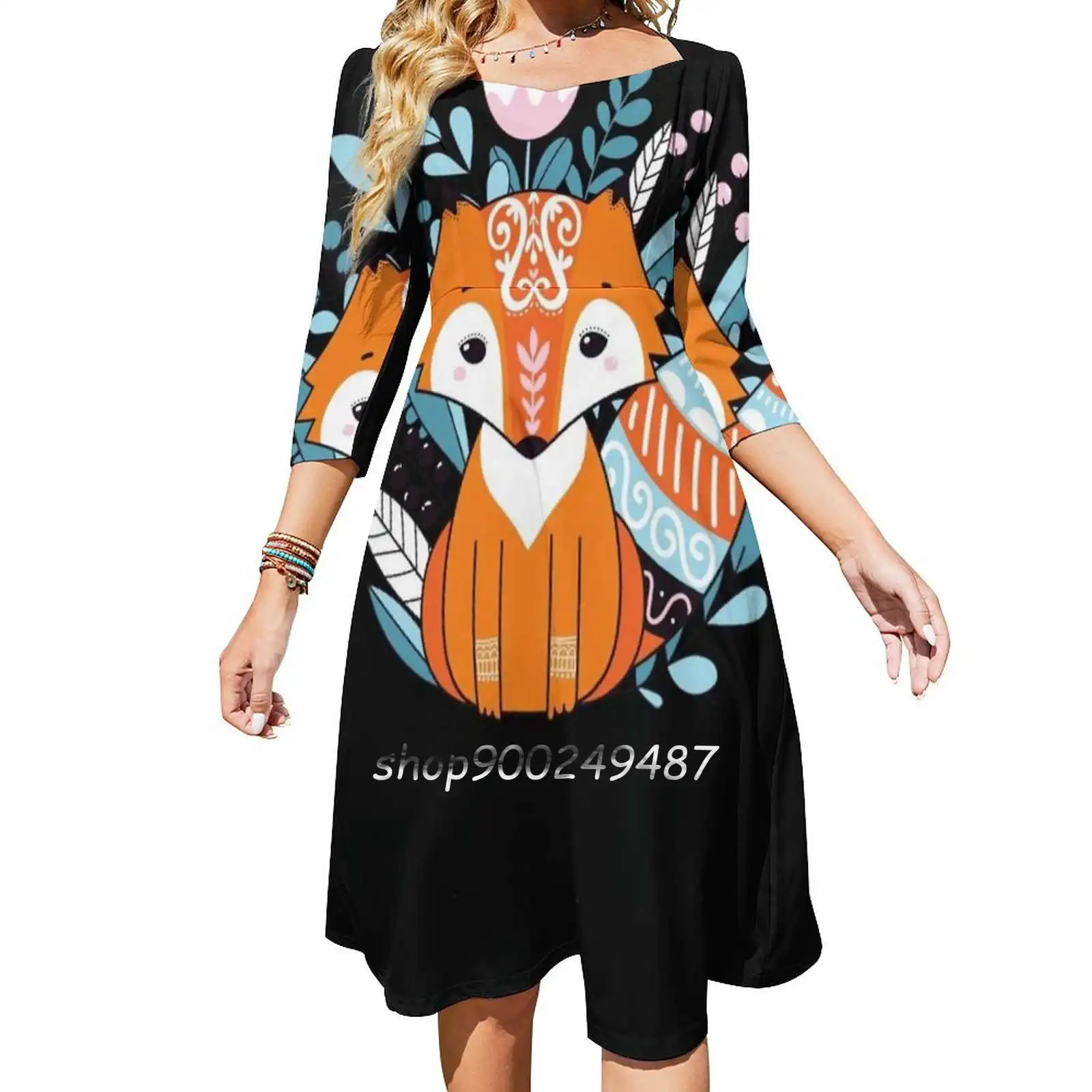 Ethnic Fox Sweet Elegant Dress Women Korean Kawaii Square Collar Dress Fox Fox Cute Animal Cartoon Vector Leaves Berries Berry