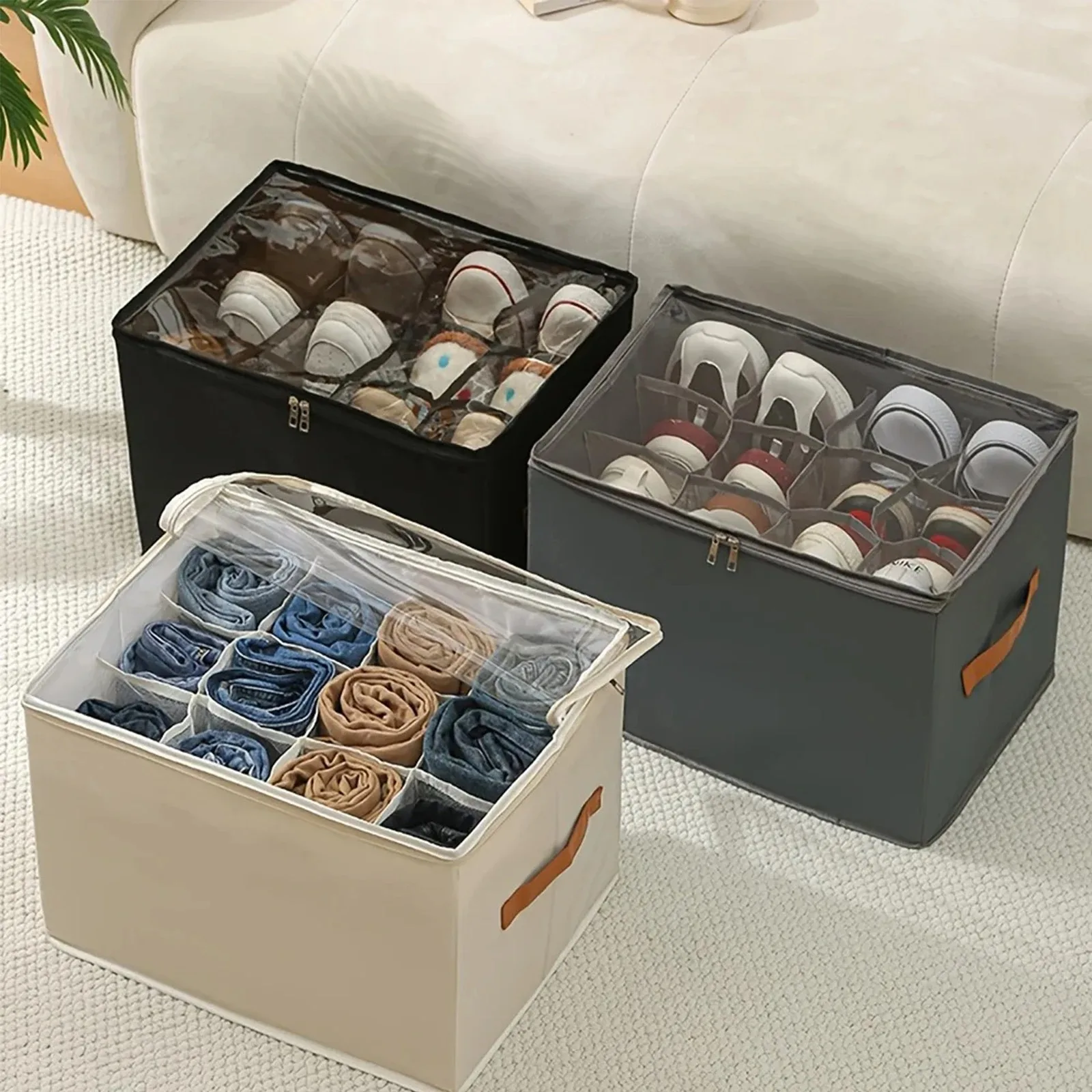 Home Dustproof Divided Clothing and Miscellaneous Storage Box Foldable with Lid Visible Shoe Box Multi Functional Shoe Storage