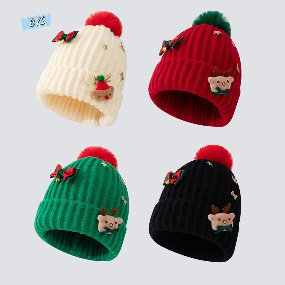 

Fashion Soft Christmas Plush Cap Bow Elk Deer Red Knitted Woolen Hat Small Bell Woven Thickened Brimless Cap Gifts