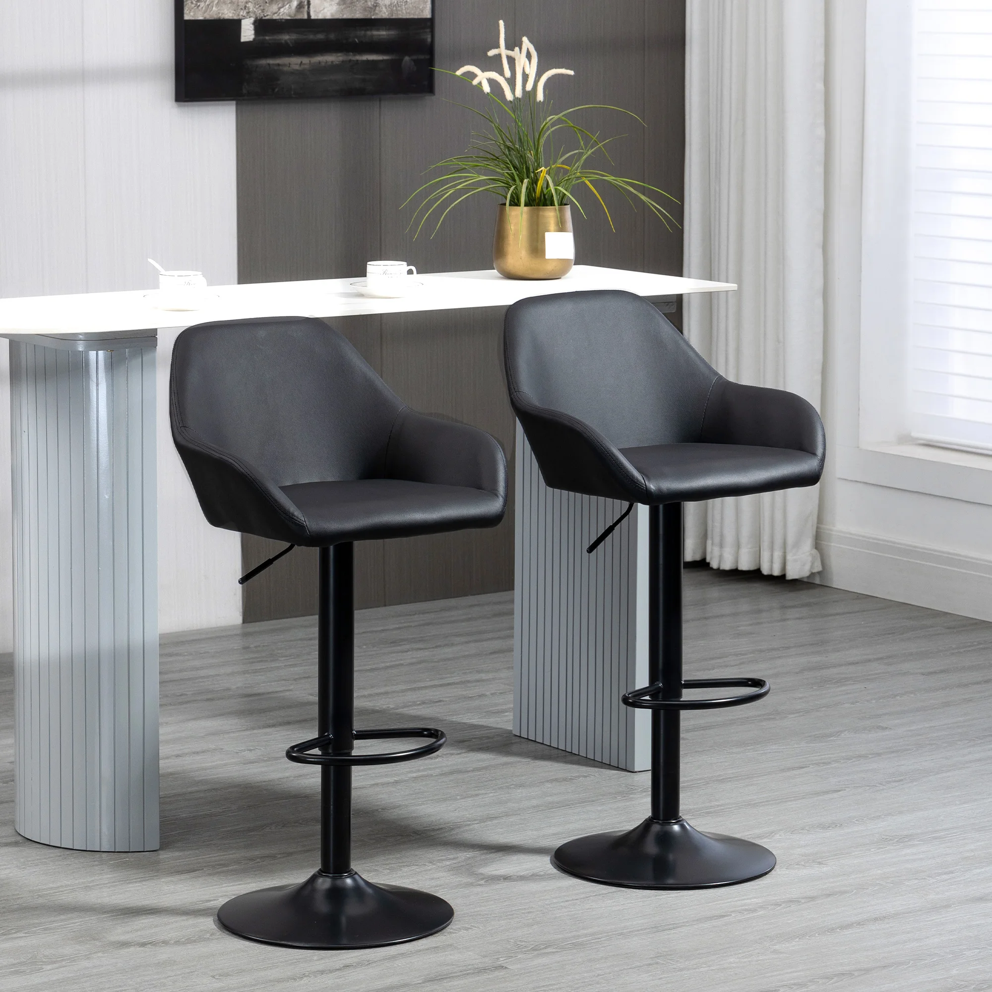 Set of 2 Pu Adjustable Swivel Bar Stool Chairs W/ Footrest for Kitchen, Black