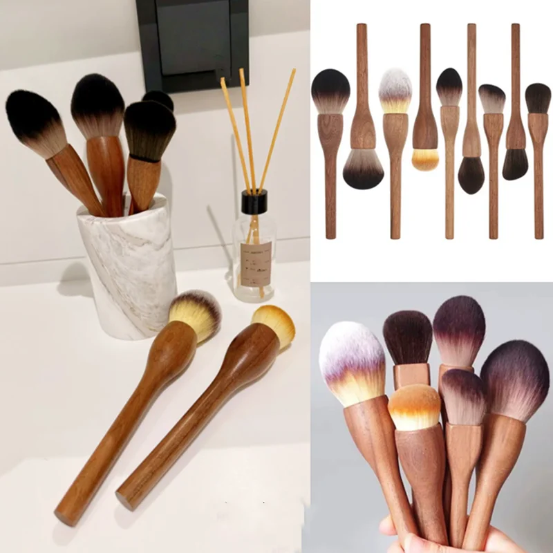 6本入りヴィンテージ木製ハンドルメイクブラシ、ルースパウダーブラッシュブラシ、ファンデーションコンターブラシ、高品質ソフトフェイスメイクツール