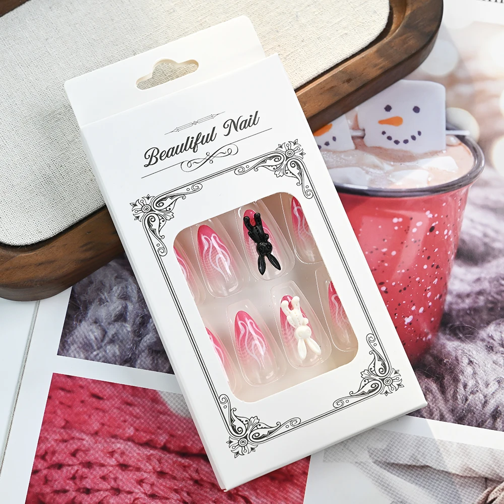 24개 그라데이션 핑크 아몬드 모양 3D 토끼 모양 라인스톤 장식 화이트 불꽃 프레스온 네일 심플 탈부착 가능 가짜 네일 팁