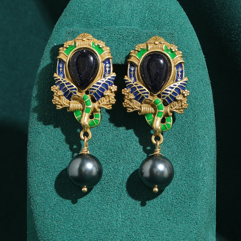 

Women Vintage Grey Pearl Drop Earring Pendent Black Natural Stone With Snake Texture Colored Zircon Gold Plated Jewelry Birthday