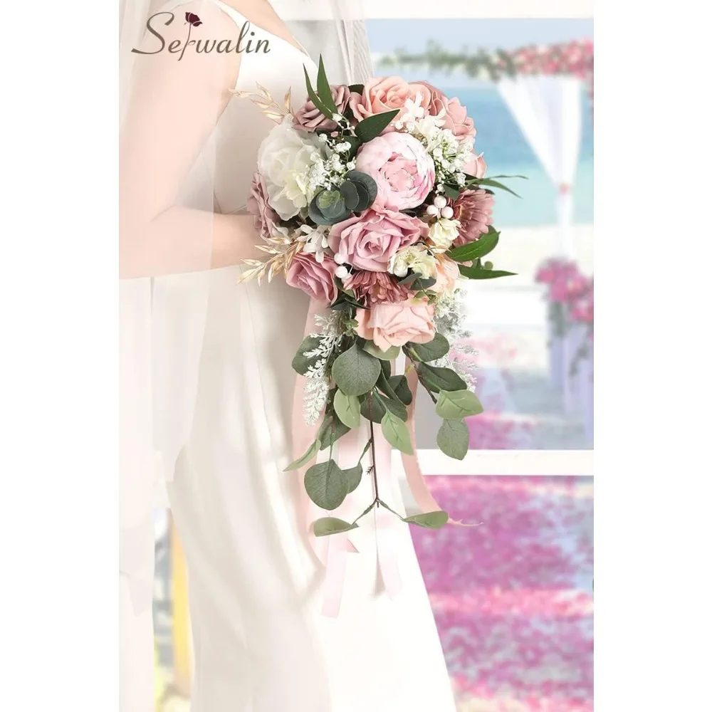 Bouquet da sposa da 9,8 pollici per la damigella d'onore della sposa, bouquet da sposa con peonie rosa polveroso per la sposa, bouquet di fiori nuziali che lancia B