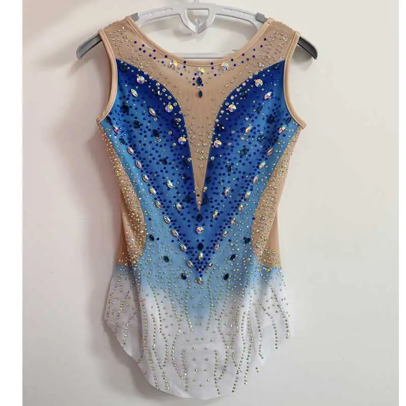 Girls Artistic Gymnastics Leotard Sleeveless Gradient Blue White Rhinestone Competition Performance Gym Bodysuit