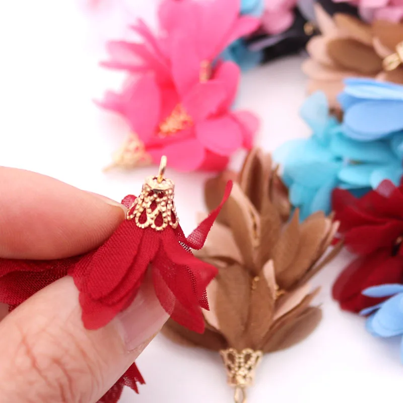 

15x50mm Multilayer Fabric Flower Tassel Alloy Hanger 100pcs/lot Coloured Cloth Earring Tassels for Jewelry Making DIY Accessory