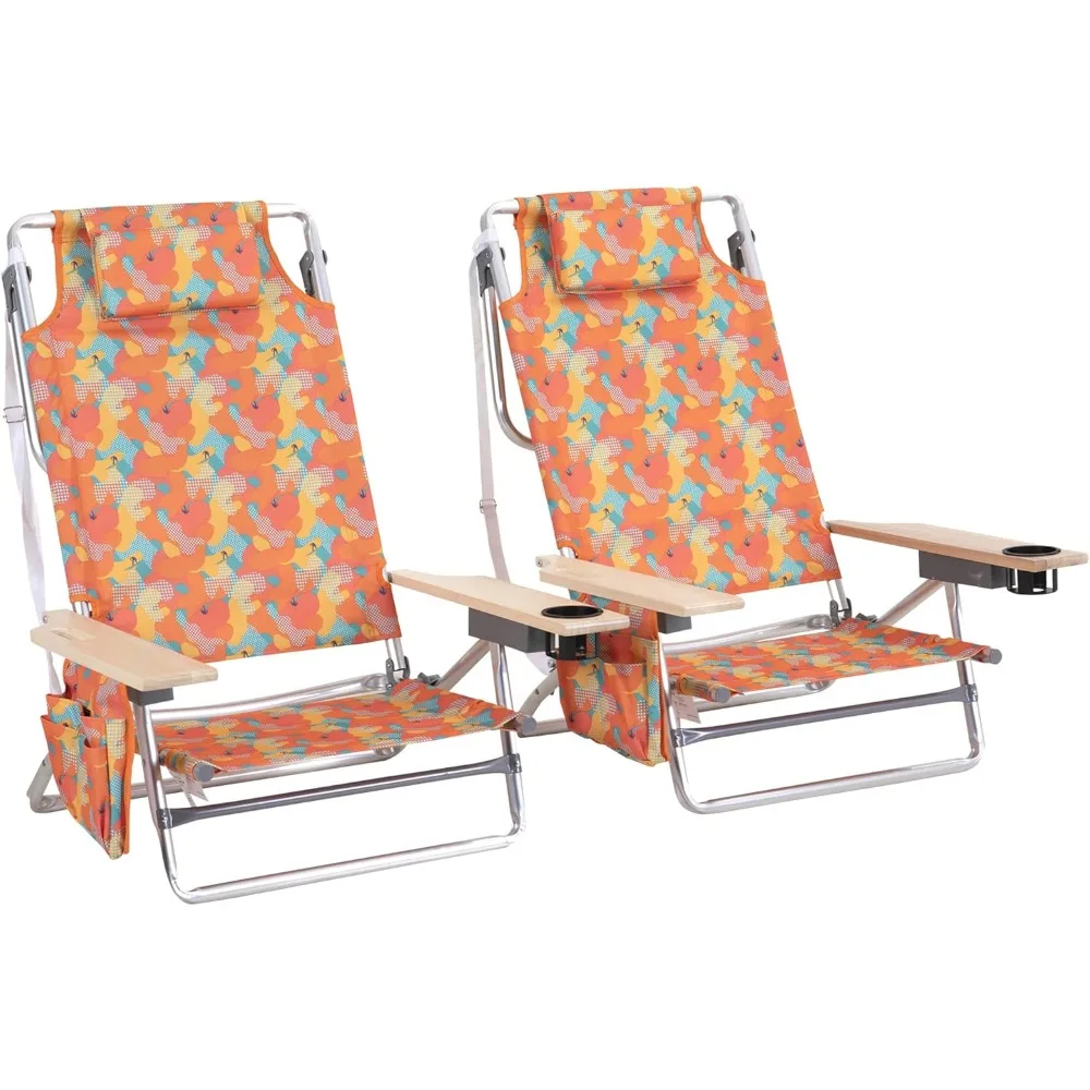 

LET'S CAMP Backpack Beach Chair Set of 2, 5-Position Classic Lay Flat, Insulated Cooler Bag, Cup Holder, Storage Pouch and Tower