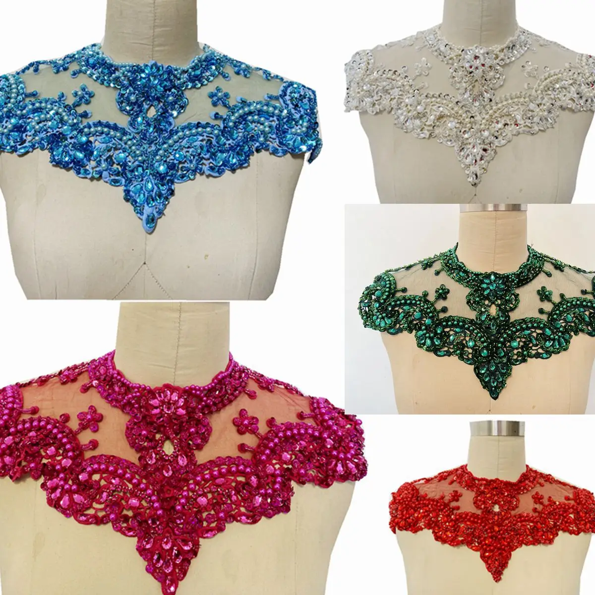 11 Colors Gorgeous Heavy Duty Diamond Lace Applique Set in Various Colors For Muslim Arabic Dress Neckline Decoration