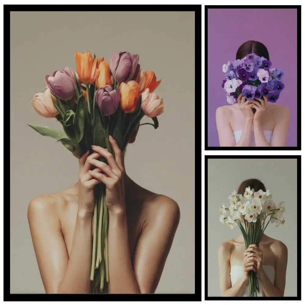 Großes Abstraktes Blumenporträt einer Frau auf Leinwand Zeitgenössische Realistische Wandkunst Gedruckt für Wohnzimmer Schlafzimmer Moderne Heimdekoration