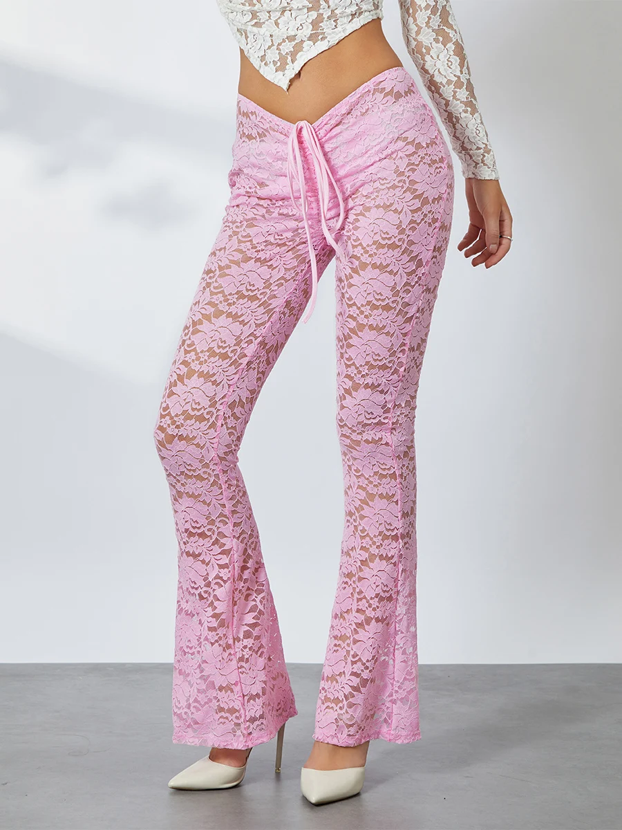 

Women Sexy Lace Pants Low Waist Drawstring See-through Slim Fit Casual Flare Pants Long Trousers 2000s Strewear Going Out Pants