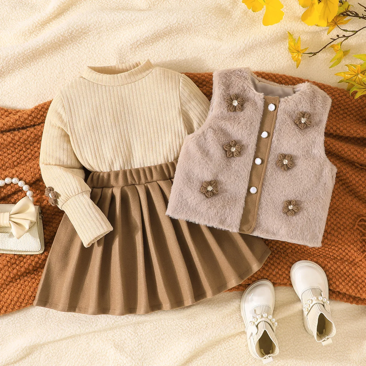 

2025 Girls' Autumn/Winter Set Plush Flower Vest+Knitted pleated Dress+Top 3-Piece Set
