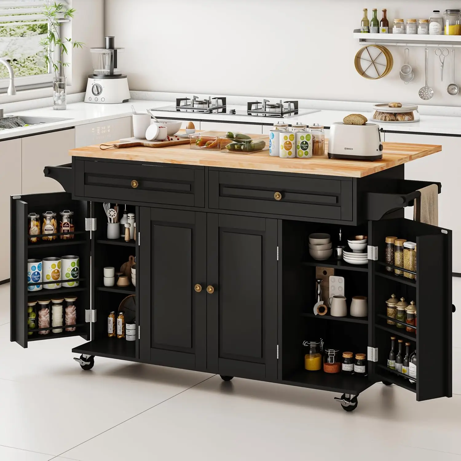 59’’ Rolling Kitchen Island Cart with Drop Leaf and Power Outlet, Movable Kitchen Islands with 3-Tier Door Storage Shelf, Island
