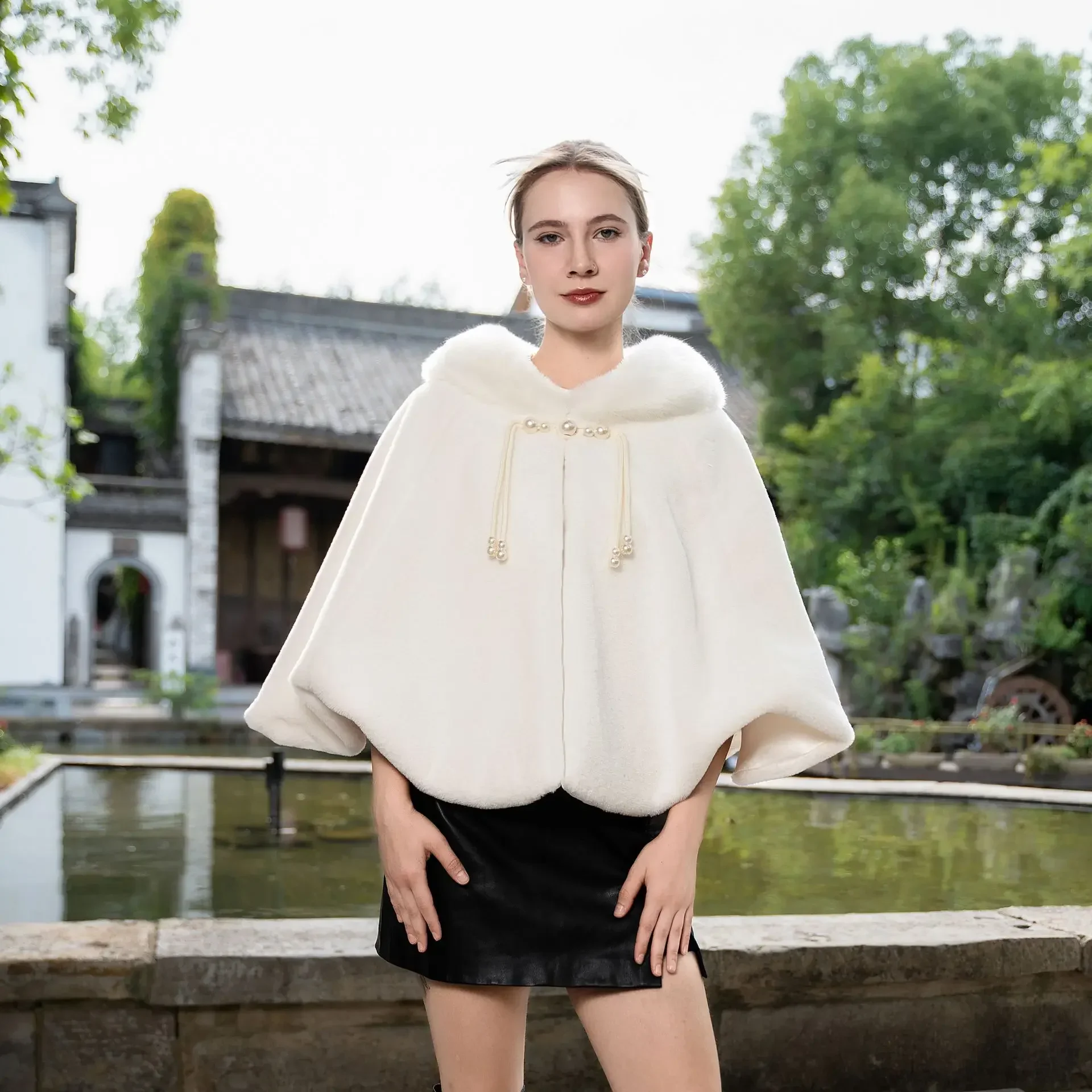 

Advanced new plus size cape knitted with plush and thickened fur shawl temperament tassel solid color loose and versatile jacket