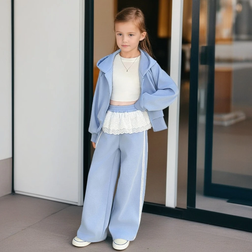 

Teen Girls Sportswear Set 2025 Fall New Arrival Hooded Zipper Jacket Lace Trim Sweatpants 2-Piece Outfit Trendy Clothes for Kids