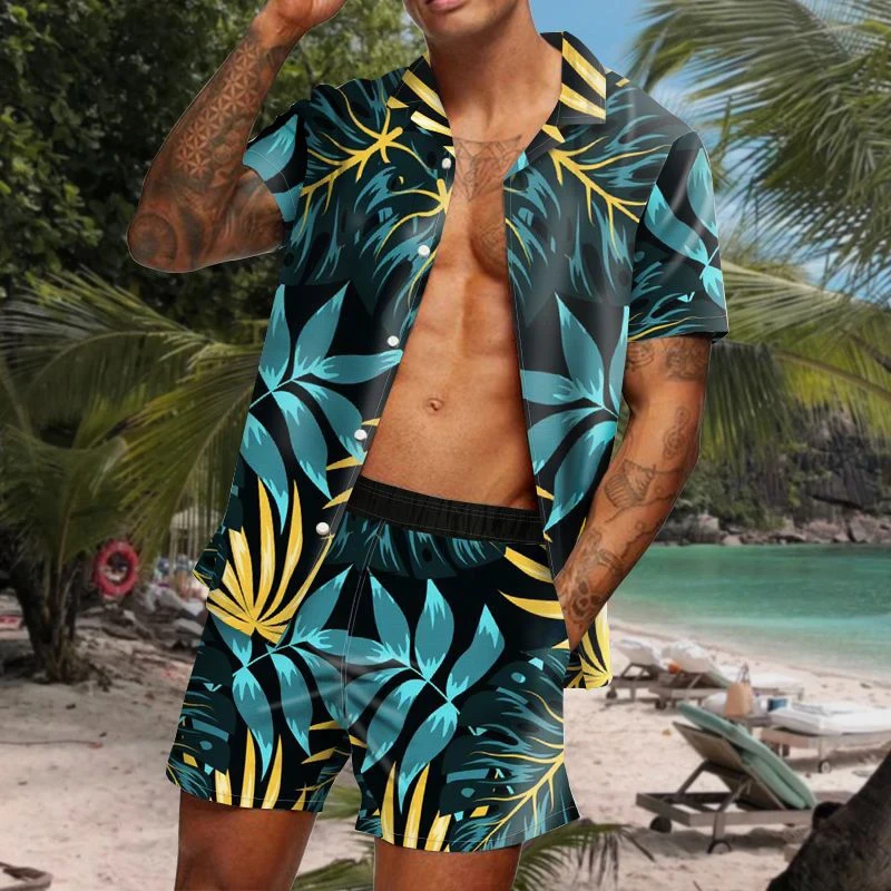 Conjunto de cárdigan Hawaiano para hombre, traje de 2 piezas con estampado de leopardo en 3D, camisa de manga corta con botones, pantalones cortos