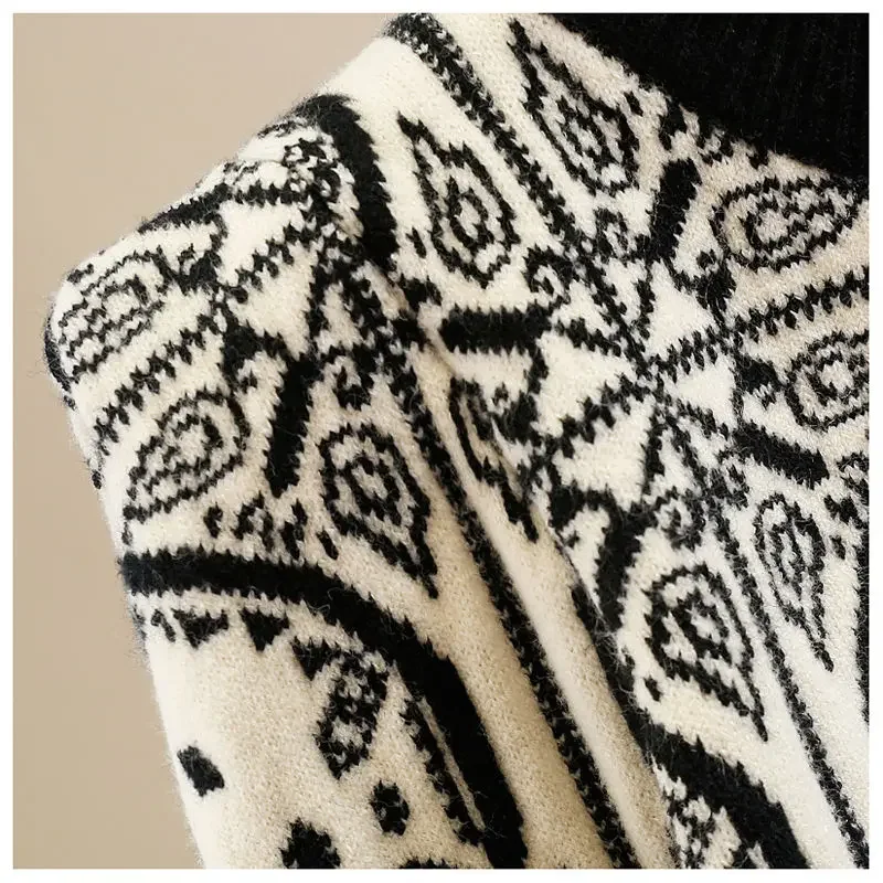 Autumn Winter Vintage Bright Line Decoration Knitting Top Tee Women Clothing Trend Patchwork Printing Pullover O-neck Knitwear