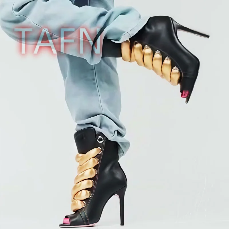 Botas de encaje negras con detalles dorados, botines sexys con punta abierta y tacón de aguja, botines para mujer, calzado para fiestas y estilo urbano