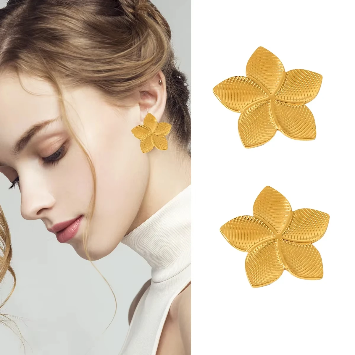 Trendy Vintage 18K Gold Plated Large Flower Striped Stud Earrings Stainless Steel Waterproof Hypoallergenic Jewelry