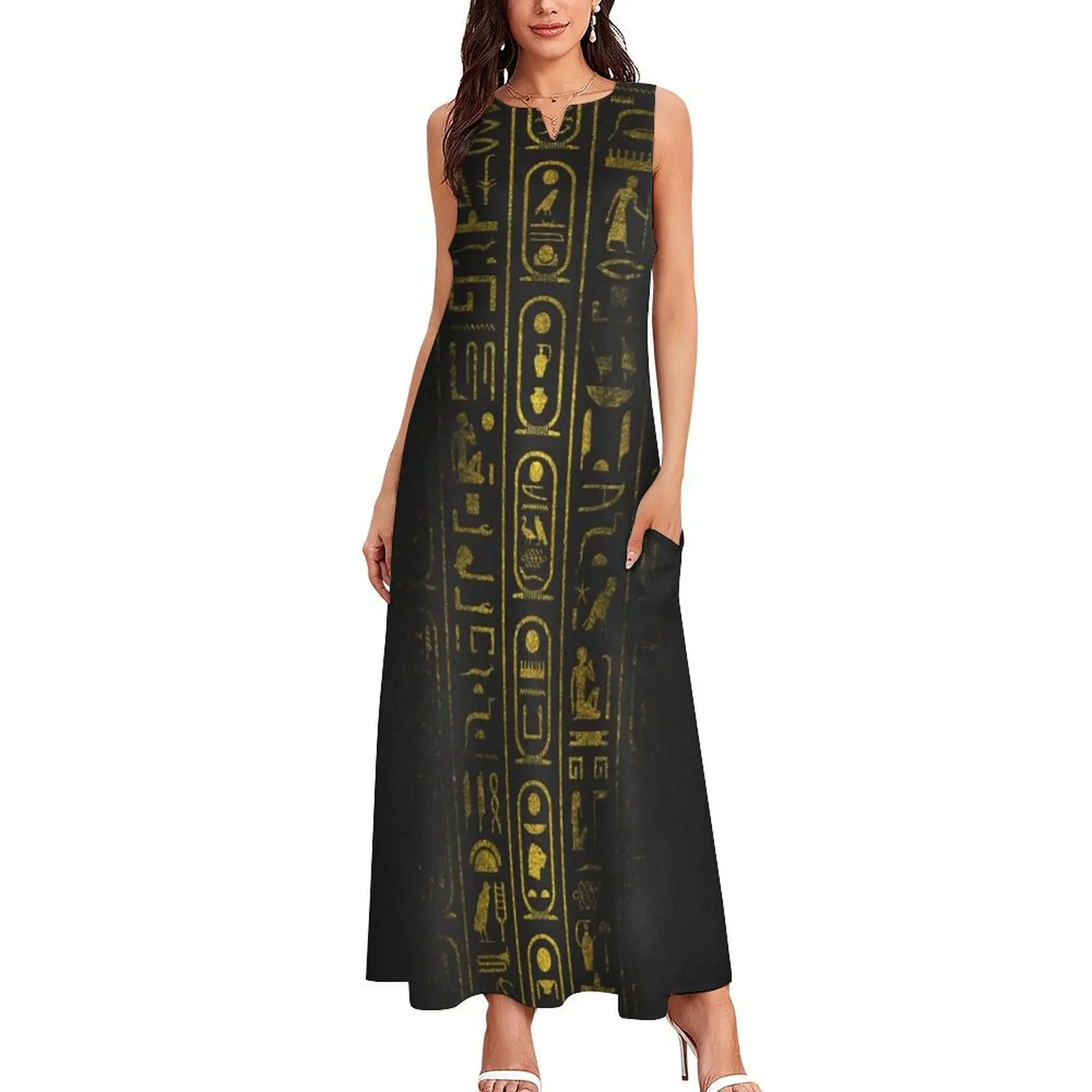 Grunge Egyptian Gold hieroglyphs on black paper Long Dress Long dress woman women