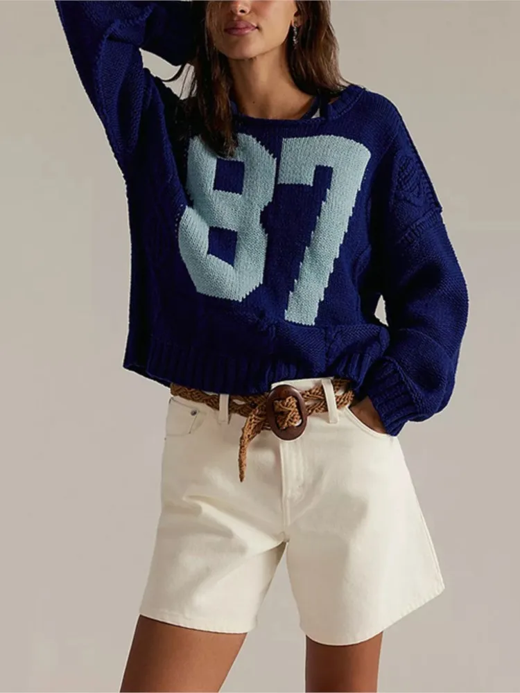 

Women's Fashion And Elegant Round-neck Sweater Autumn And Winter Digital Contrast Knitted Pullover Loose Long-sleeved Sweater