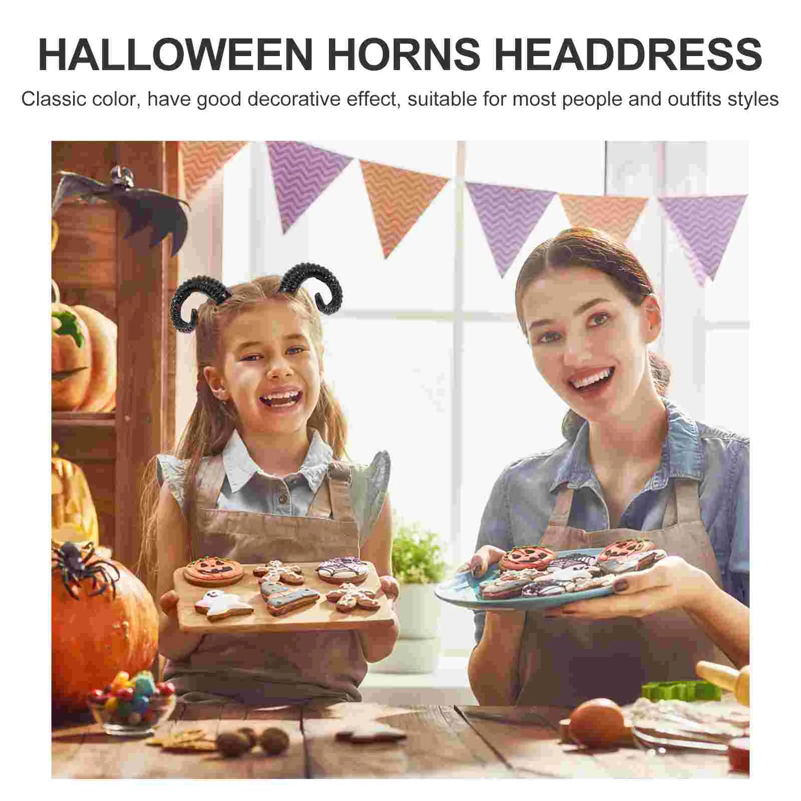 เครื่องแต่งกายฮาโลวีนประดิษฐ์ Croissant คอสเพลย์ Horns Headdress Headpiece ตกแต่งแกะ Party อุปกรณ์เสริมสีดํา