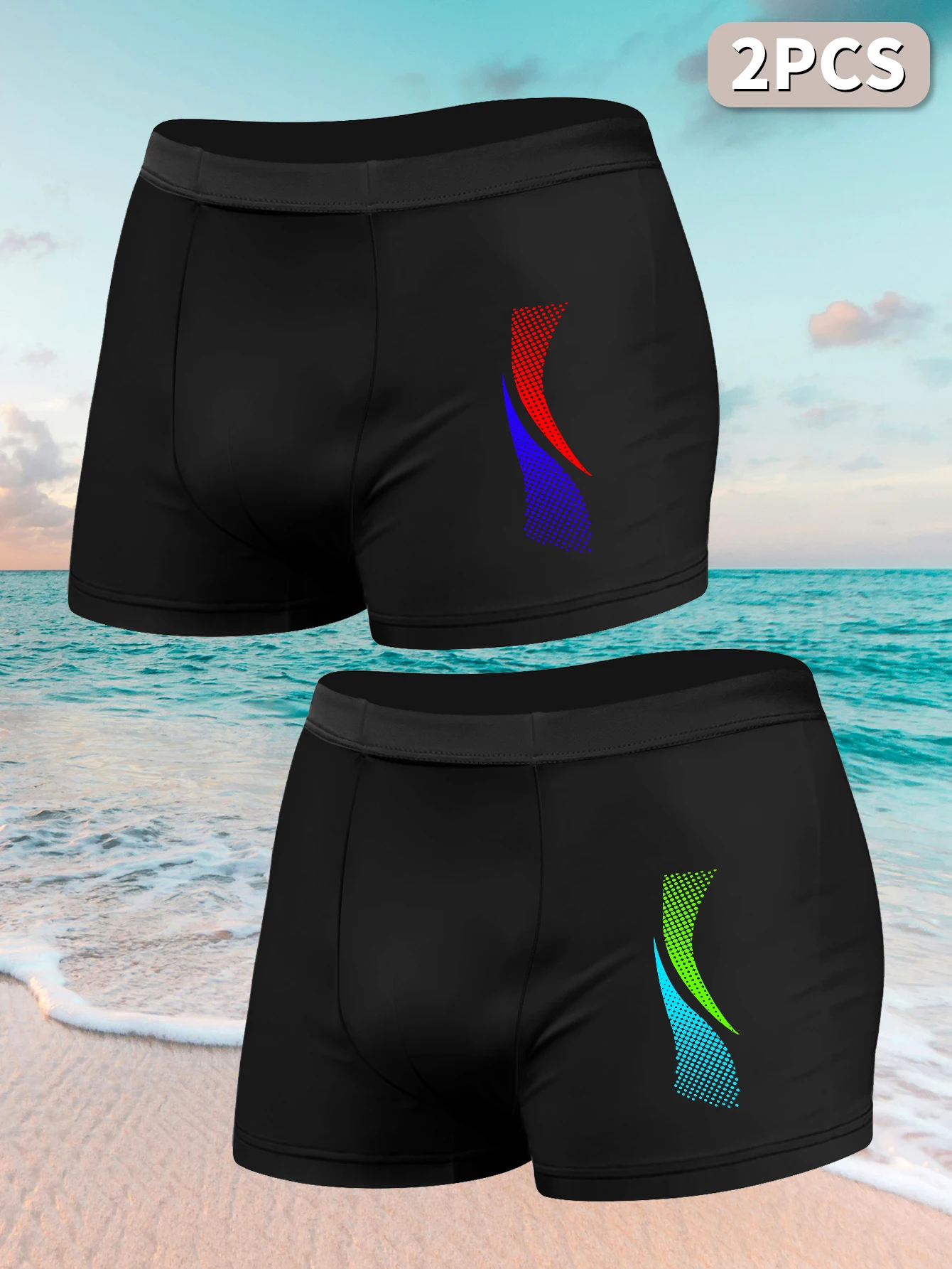 2pcs Men Swimwears with Sport Prints Quick Dry Beach Boxer Shorts with Drawstrings Solid Swim Cap Boy Swimwear Underpants Set