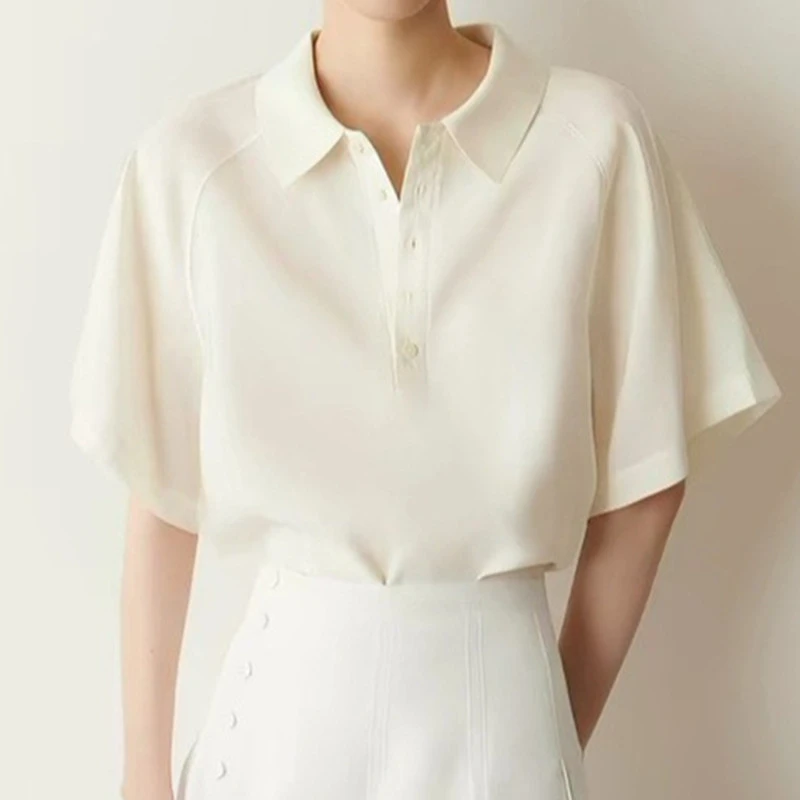 Maxdutti Southern France Lazy Minimalist Women's Casual Polo Collar Mid Sleeve Top Off White 2026 Summer T-shirt Woman Clothes