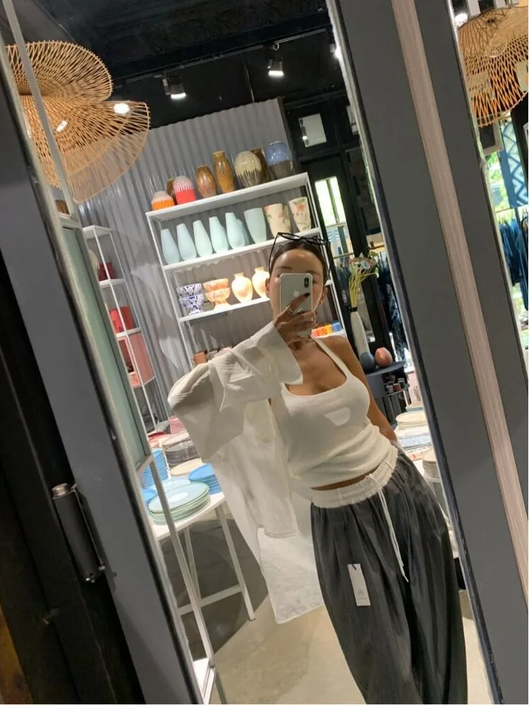 Spring New Design Color Block Waist Seal Drawstring Stripe Drape High Waist Wide Leg Casual Pants Women Korean Style Streetwear