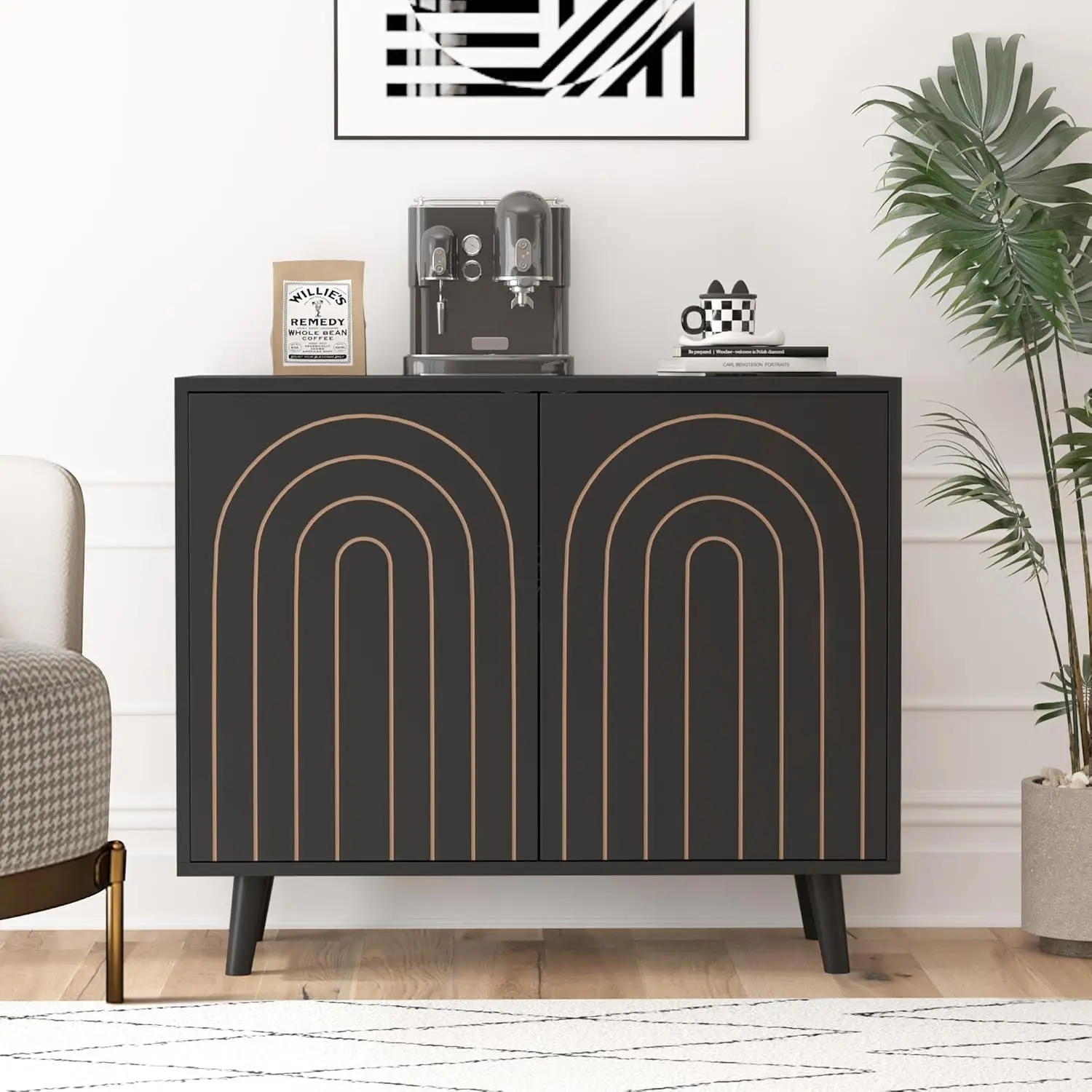 

Black Accent Cabinet Carving Lines Adjustable Shelves Storage Bedroom Living Room Kitchen Office Hallway, Customized