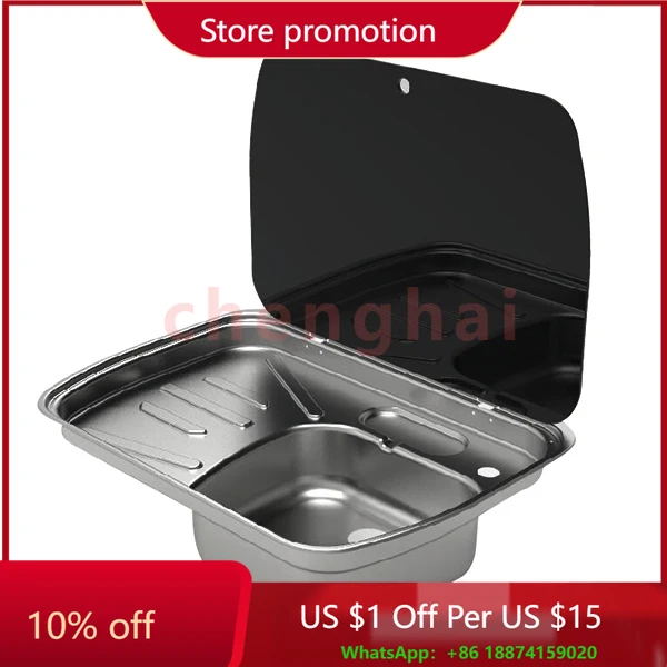 Stainless steel sink with safe glass lid foldable faucet waste drainer for RV motorhome caravan campervan boat 600x445x145mm