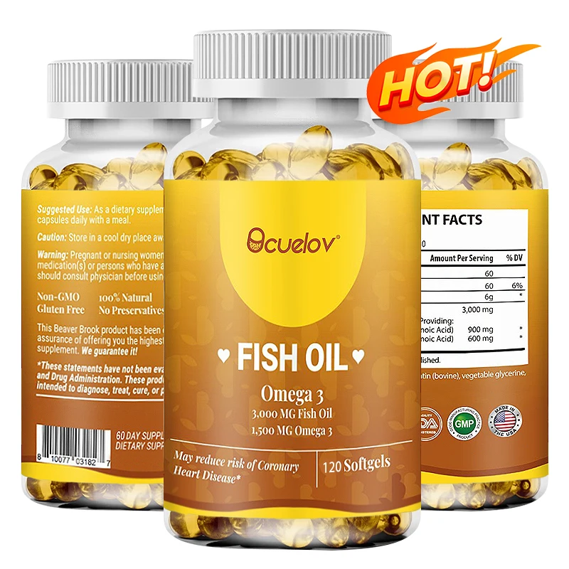 Fish Oil Omega 3 Supplement, 3000 mg Fish Oil, Cardiovascular Support, Brain Function, 120 Capsules