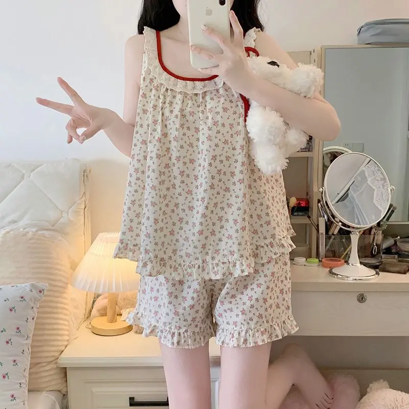 Sleeveless Sleepwear Women Pajama Sets Ruffle Korean Piiama Sets 2 Pieces Night Wears Floral Pyjamas Lace Summer Home Suit 2024